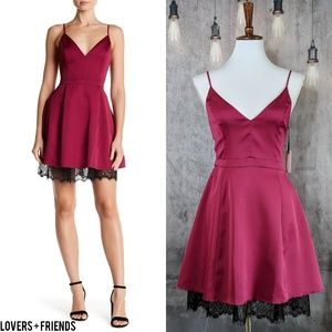 Lovers + Friends Young Love lace hem satin dress in Berry, size Small